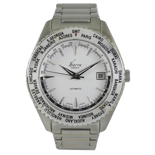 SALVADOR 40MM WORLD TIMER AUTOMATIC STEEL DRESS WATCH (WHITE DIAL)