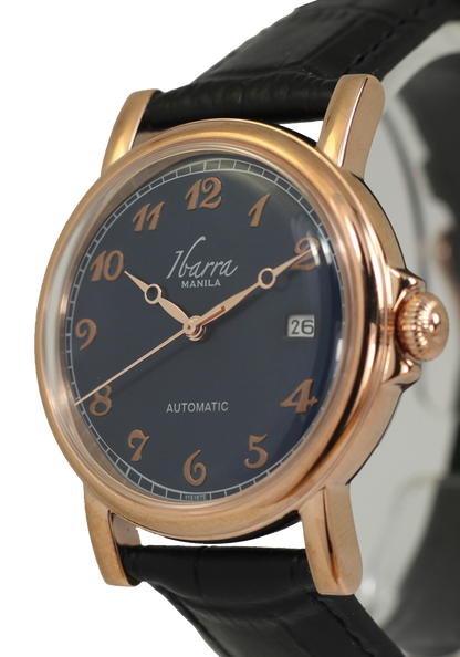 PLARIDEL 38MM 自動巻き ローズゴールド ドレスウォッチ (ブラック ストラップ)